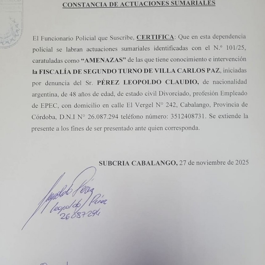 DENUNCIA POR AMENAZAS A UN FUNCIONARIO PUBLICO
